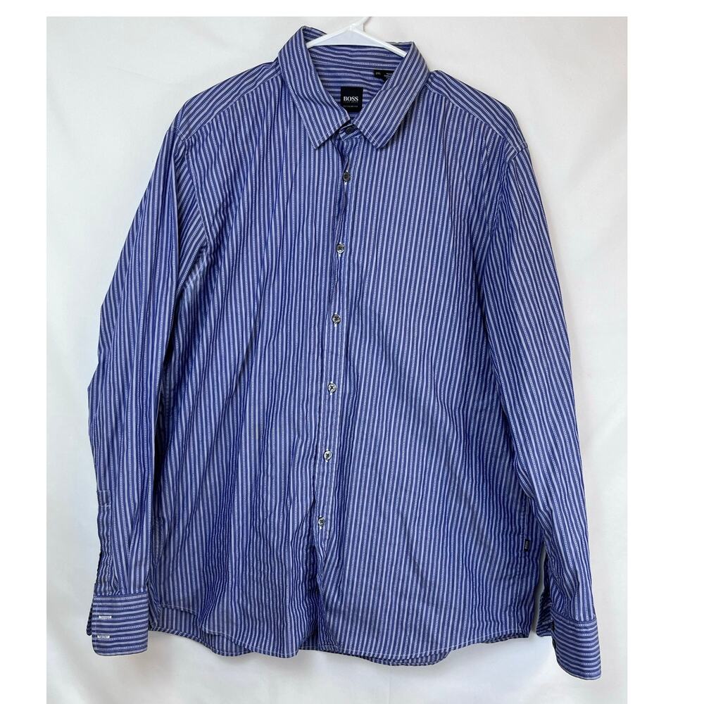 Hugo Boss Men's XXL Blue/Gray Striped Button Up Shirt Regular Fit Long Sleeve
